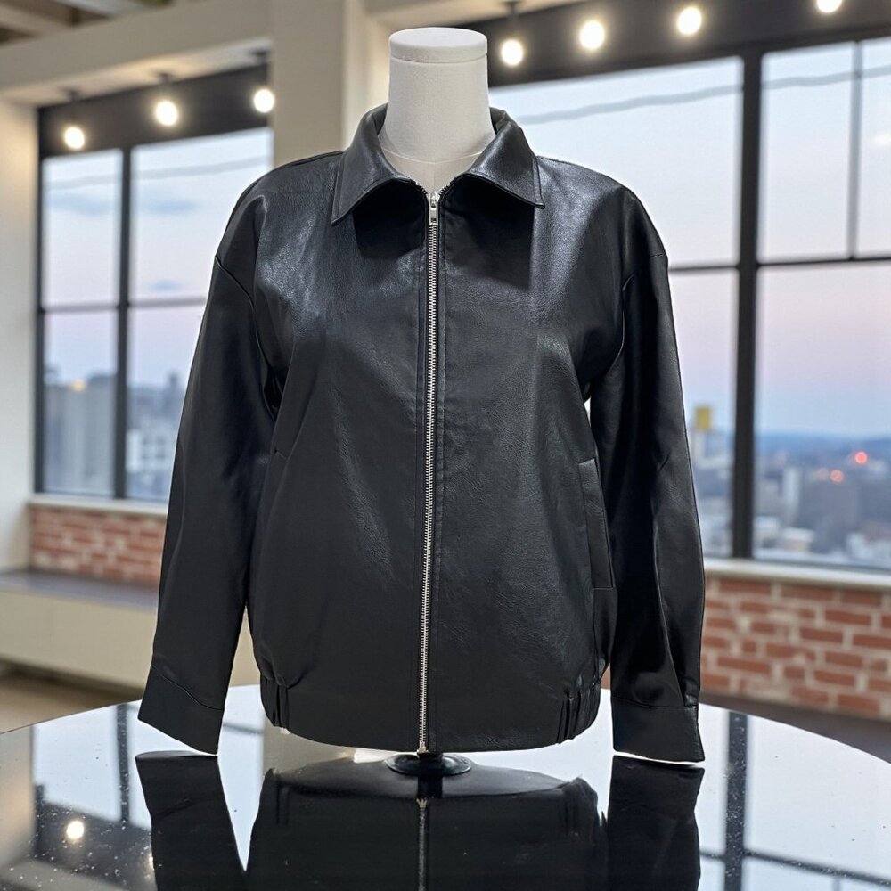 Cupshe Black Faux Leather Jacket NWT Minimalist‎ Streetwear Bomber Size Small